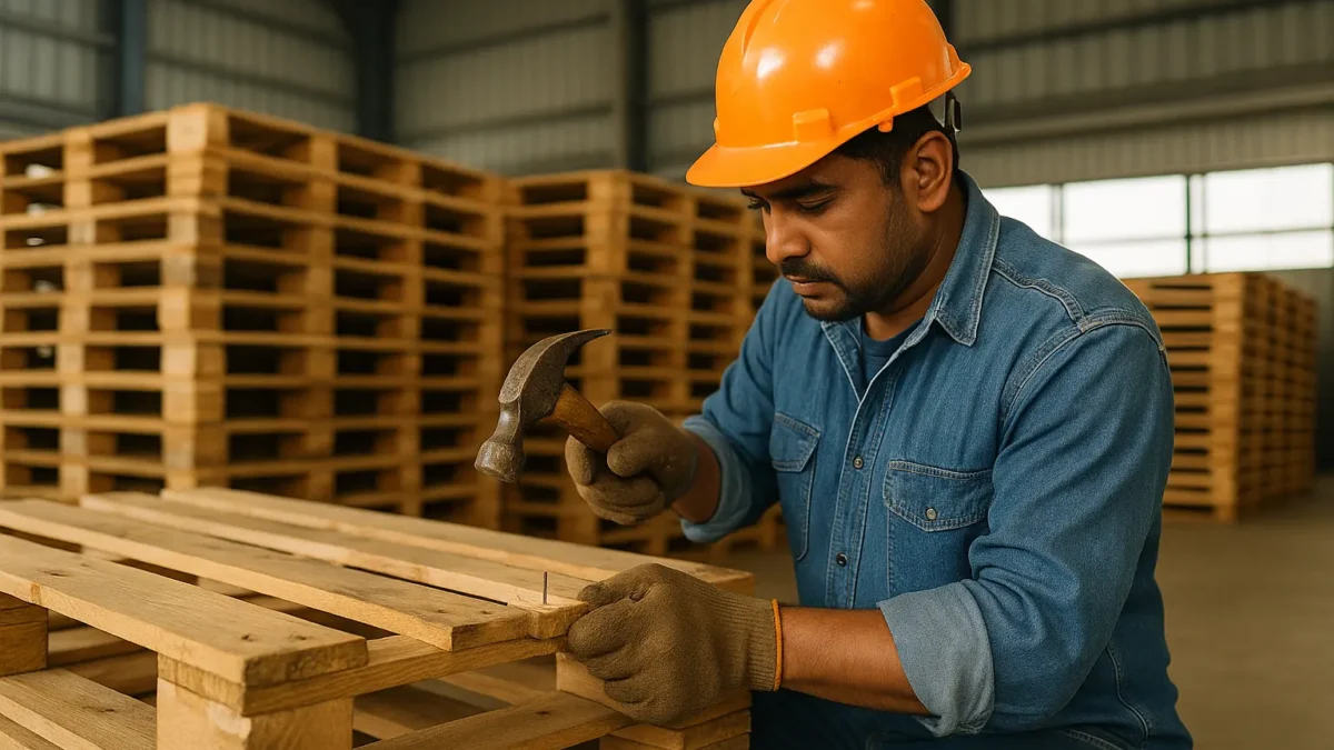 Worker repairing a wooden pallet inside a warehouse as part of the recycling wooden pallets process.