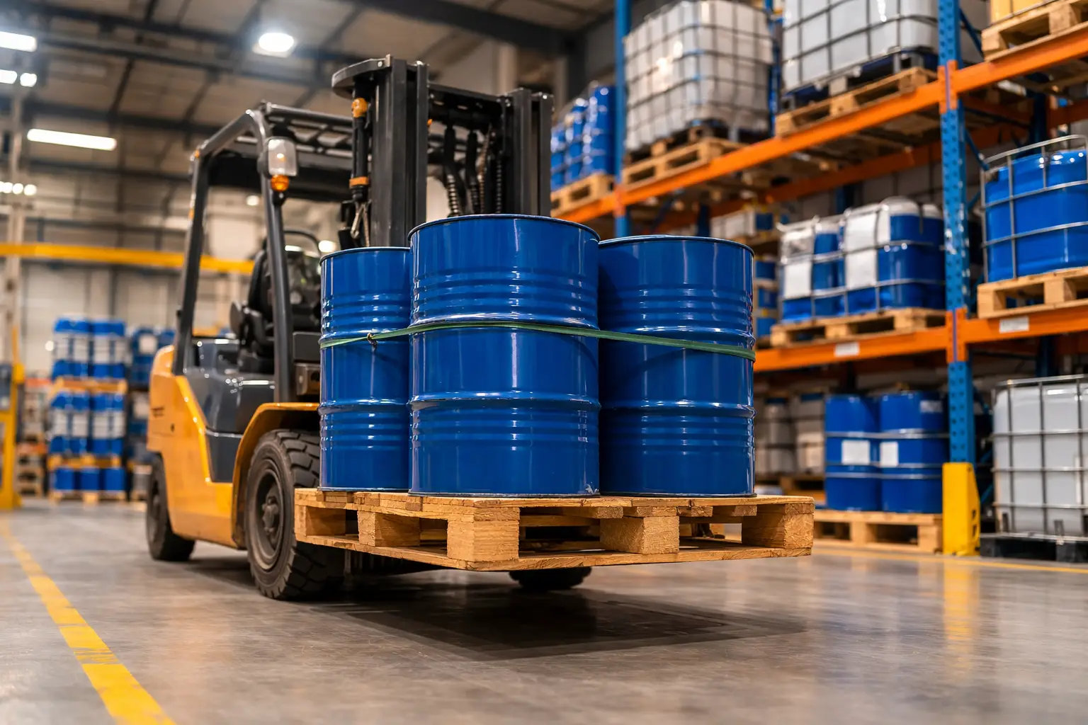 Forklift lifting chemical drums on a CP3 pallet inside an industrial warehouse