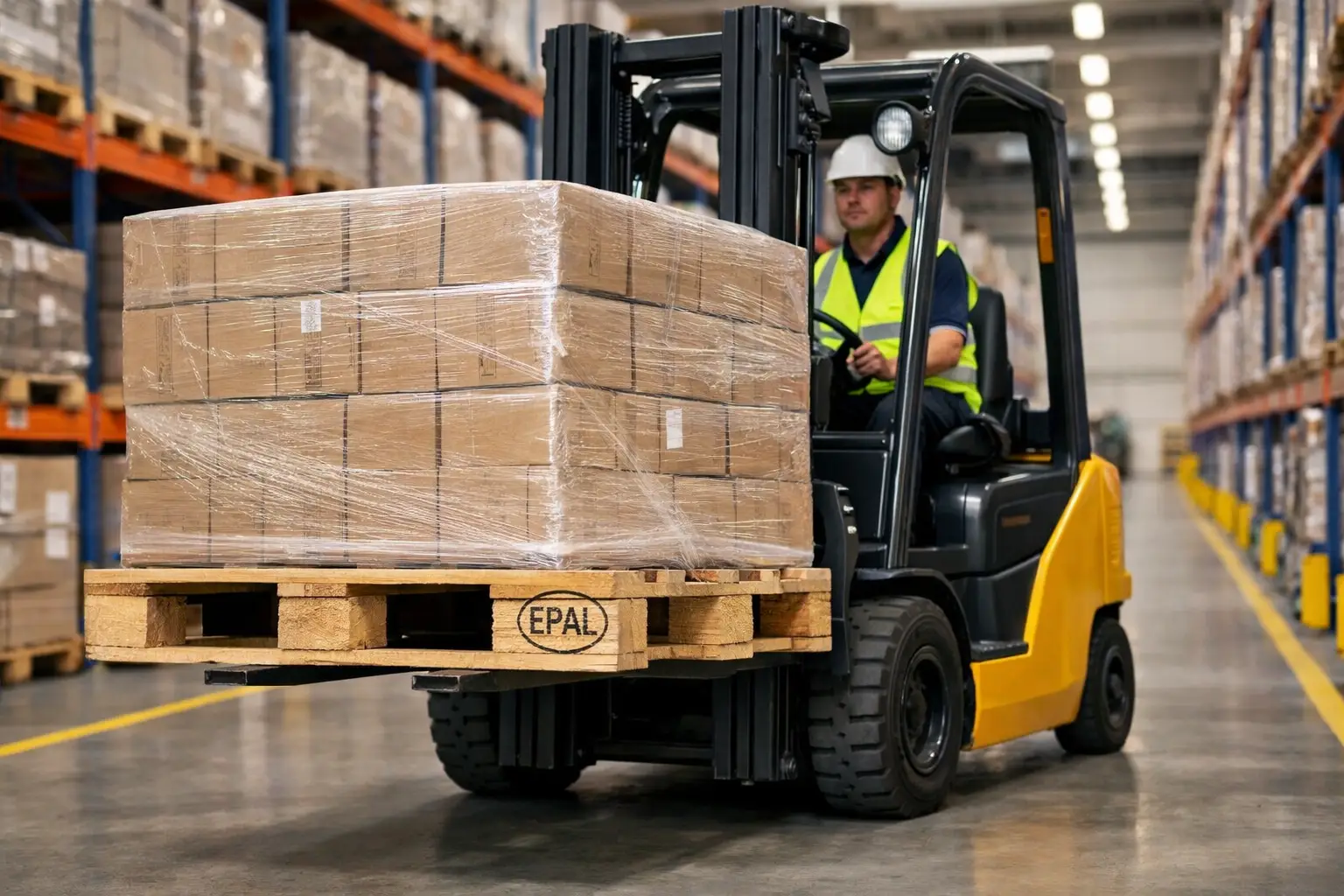 Forklift lifting EPAL pallet safely in warehouse aisle