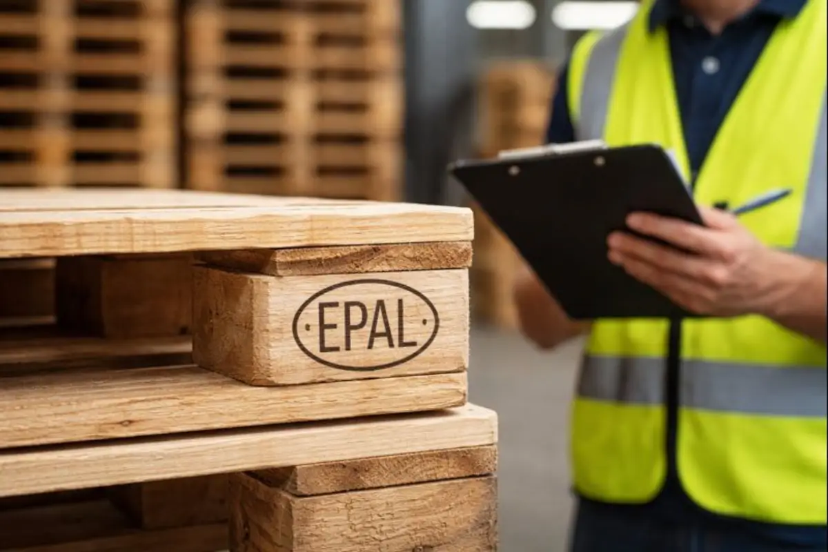 Worker inspecting EPAL pallet stamp in a warehouse before purchase
