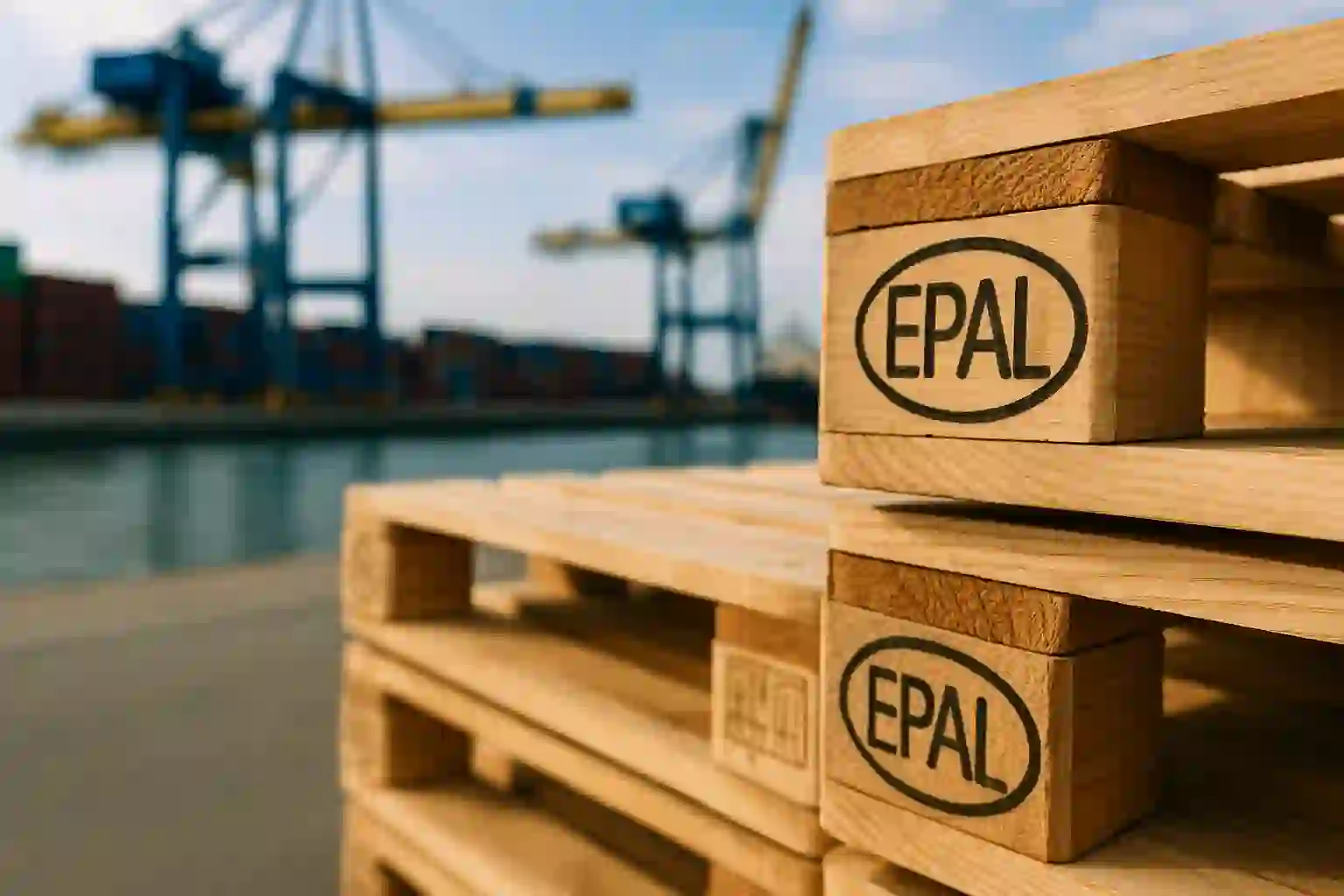 EPAL pallets for European exports stacked at a port with cranes in the background.