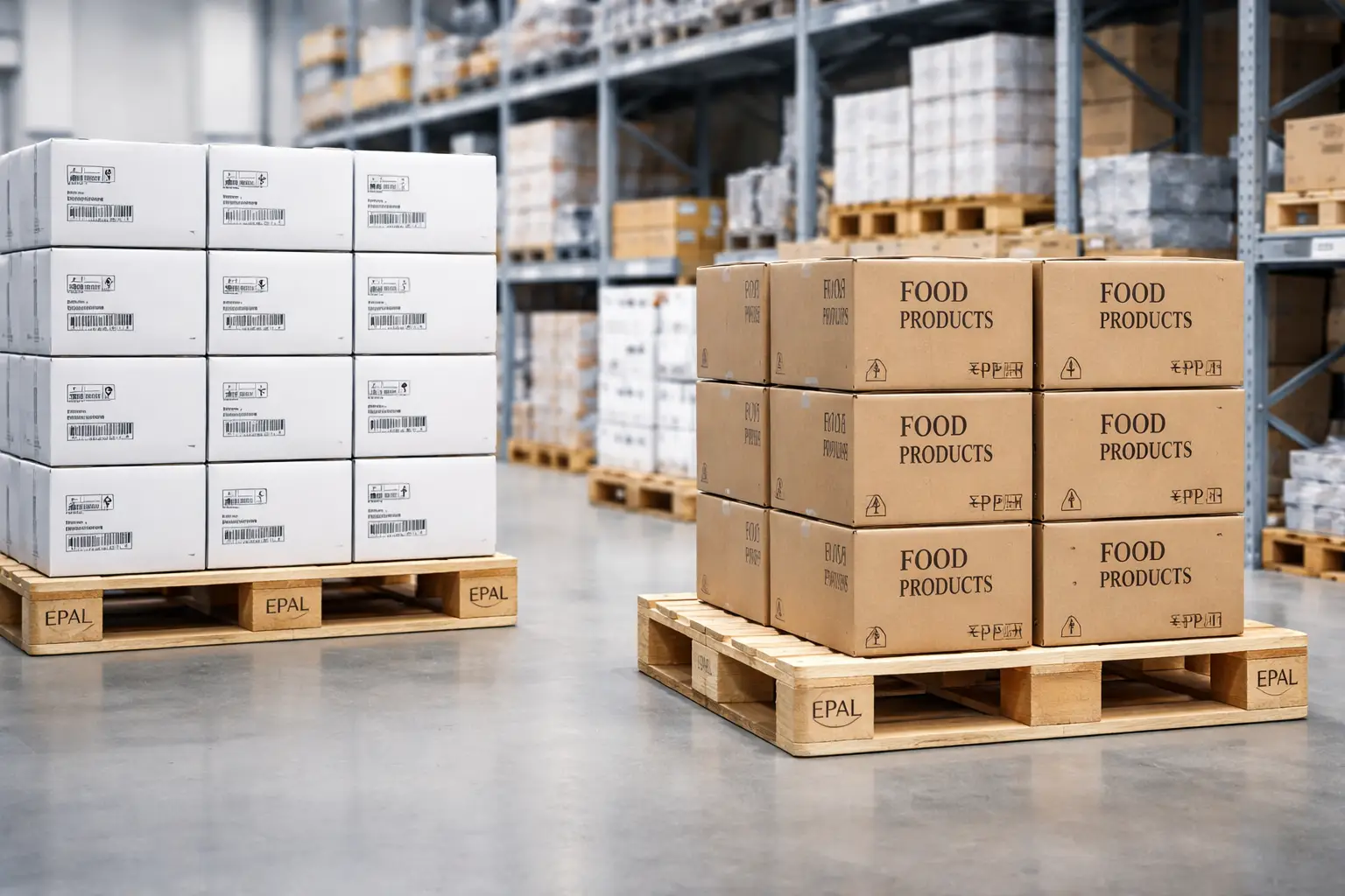 EPAL pallets for food and pharma industry stacked in a clean warehouse with packaged goods