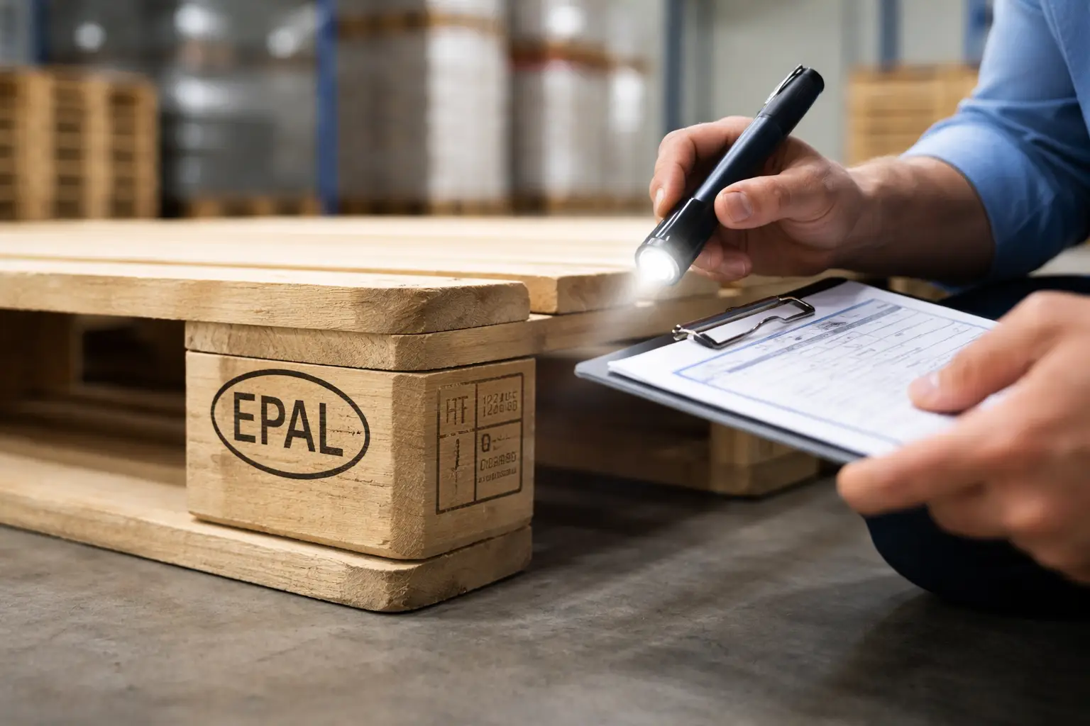Inspector checking EPAL stamp to show how to spot fake EPAL pallets in a warehouse