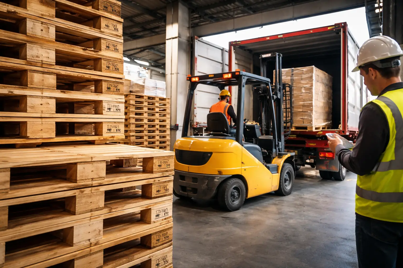 Warehouse loading export cargo using pallets meeting ISPM 15 pallet requirements EU with IPPC stamped wooden pallets