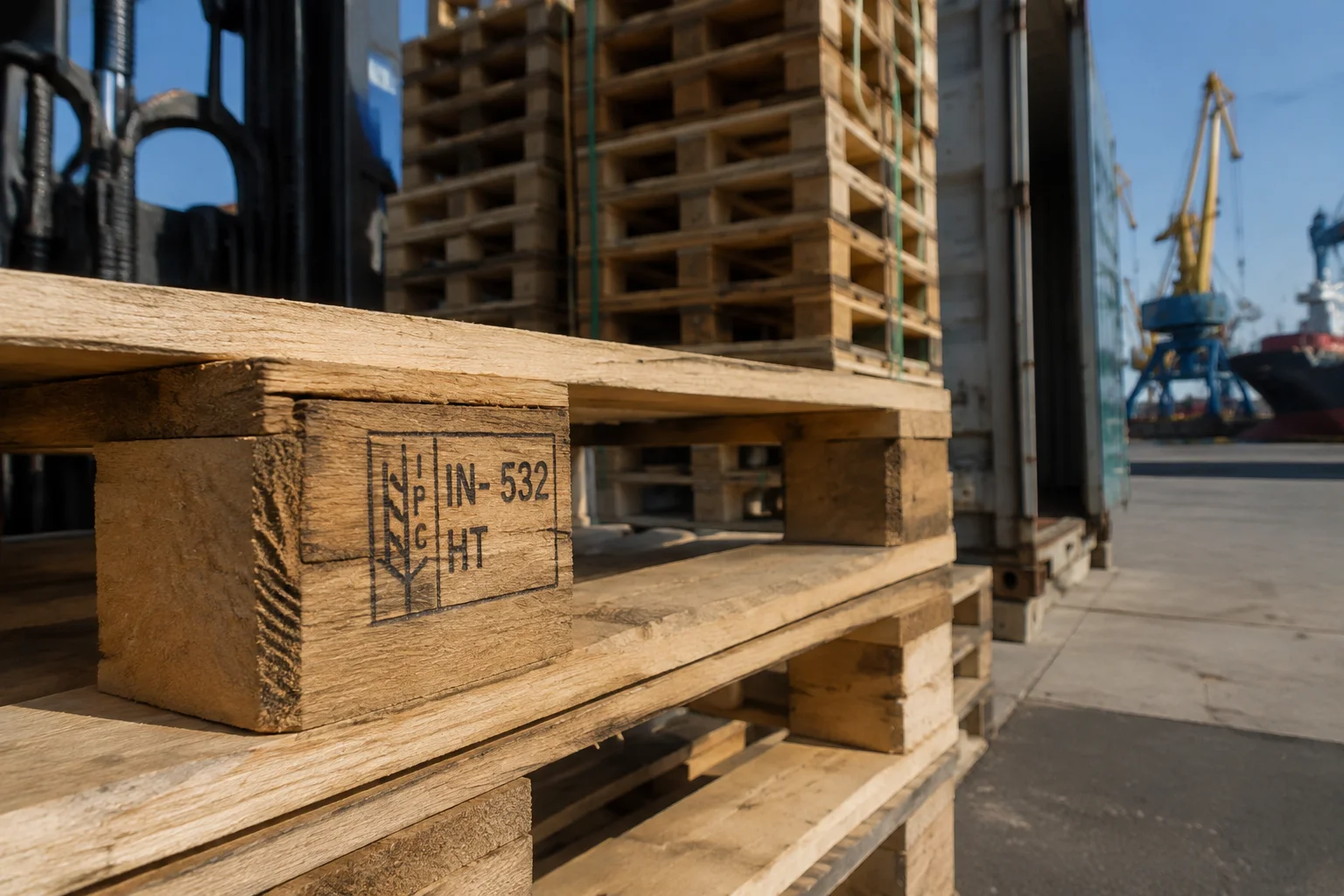 Heat-treated wooden pallets stamped for ISPM 15 compliance shipping to the UAE