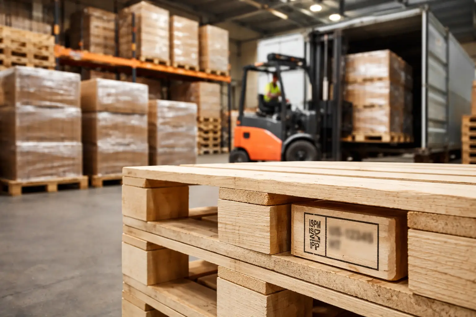 ISPM 15 pallet requirements USA compliant wooden pallets with IPPC stamp being loaded in warehouse for export shipment