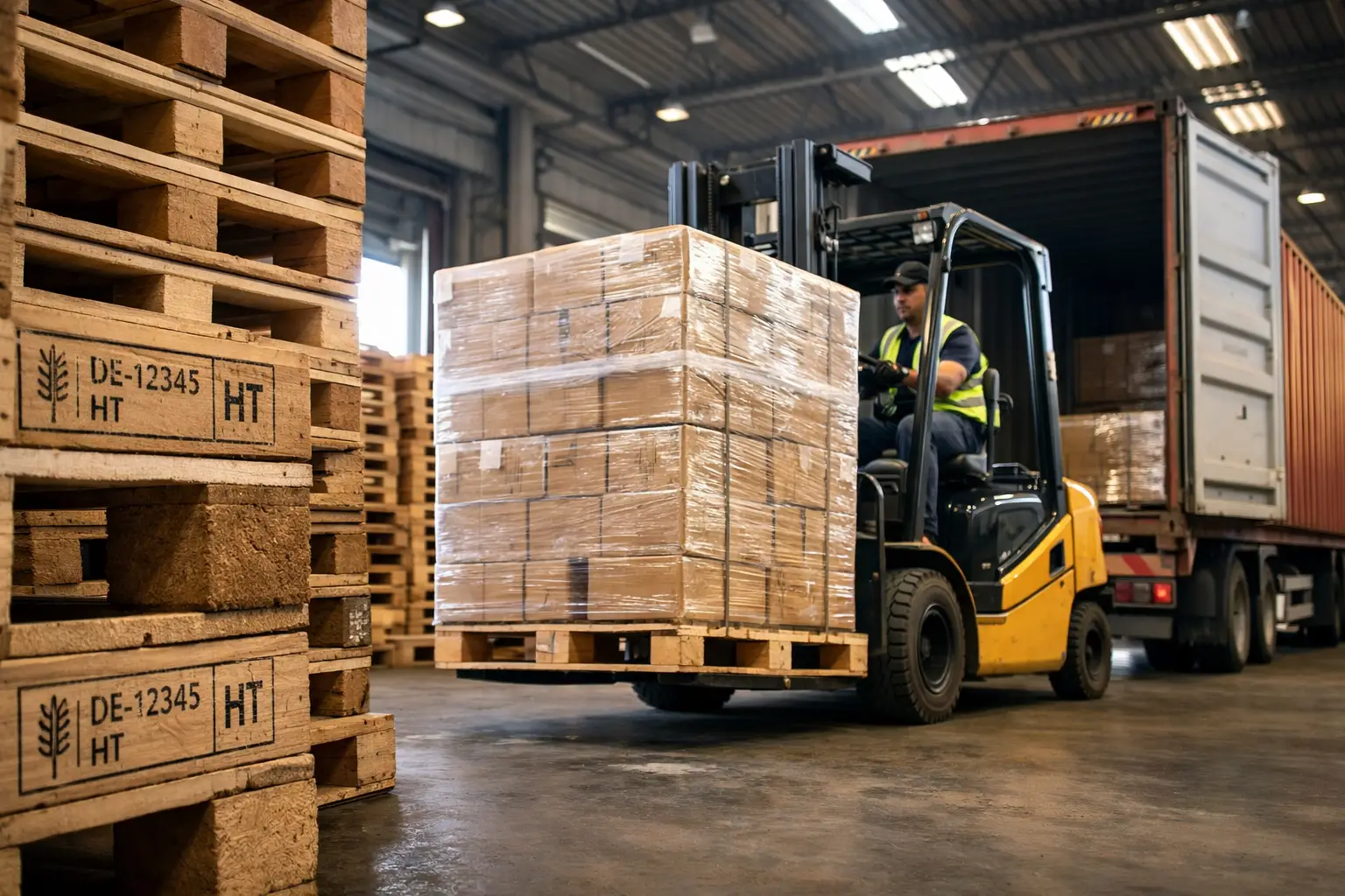 Warehouse preparing export shipments with ISPM 15 compliant wooden pallets for countries requiring ISPM 15 regulations