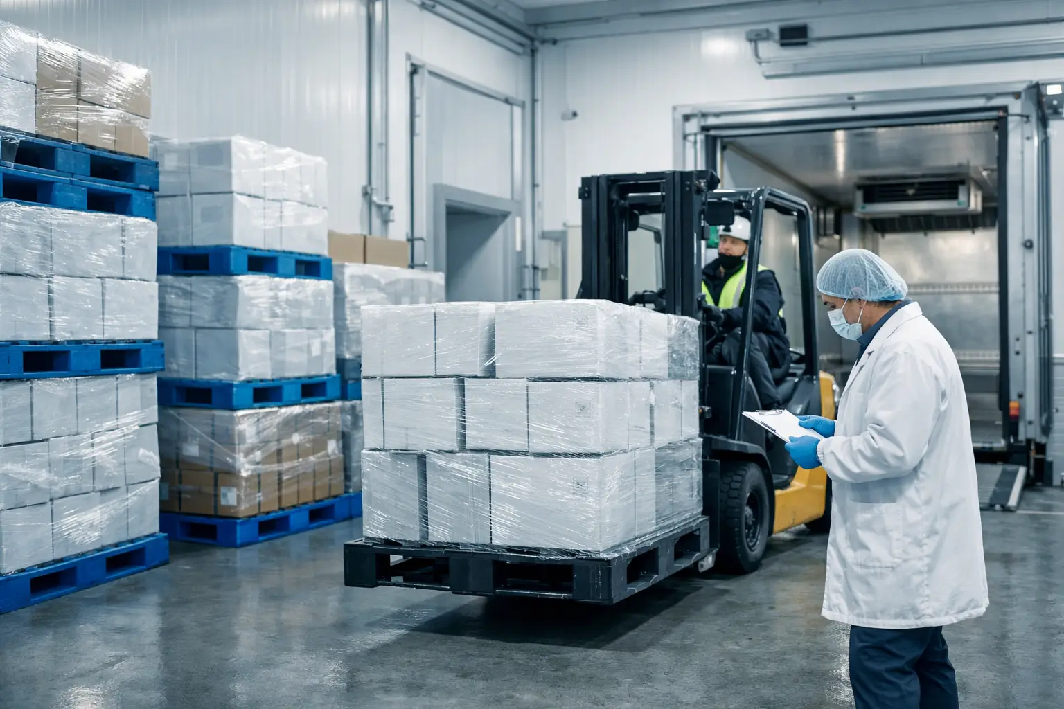 ALT: Pallets for pharmaceuticals and cold chain transport in a temperature-controlled warehouse with plastic pallets and forklift loading cargo