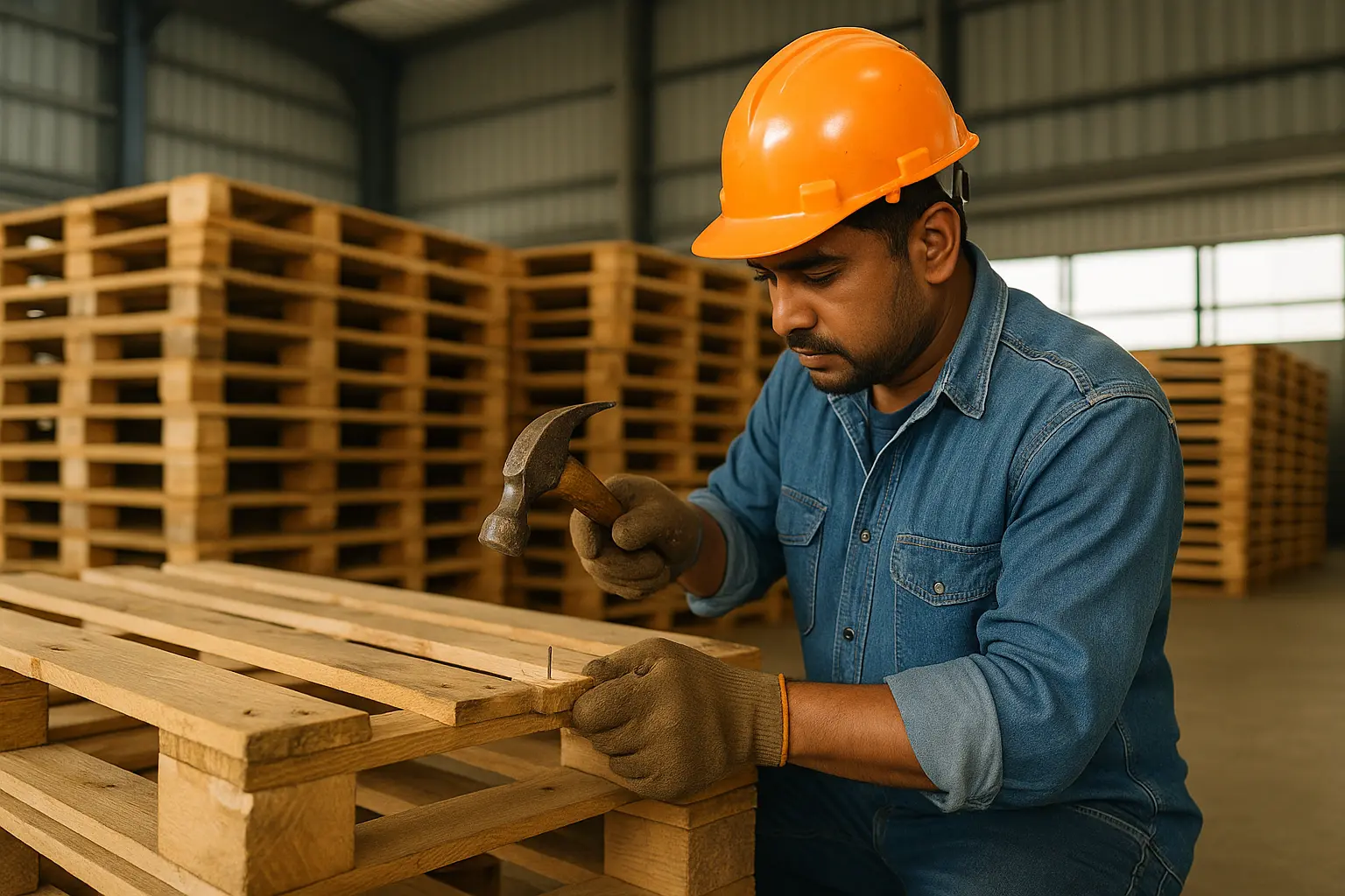 Worker repairing a wooden pallet inside a warehouse as part of the recycling wooden pallets process.
