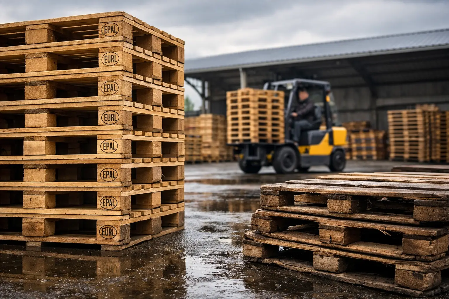 why hardwood pallets last longer in harsh environments shown with durable pallets in wet warehouse and forklift handling