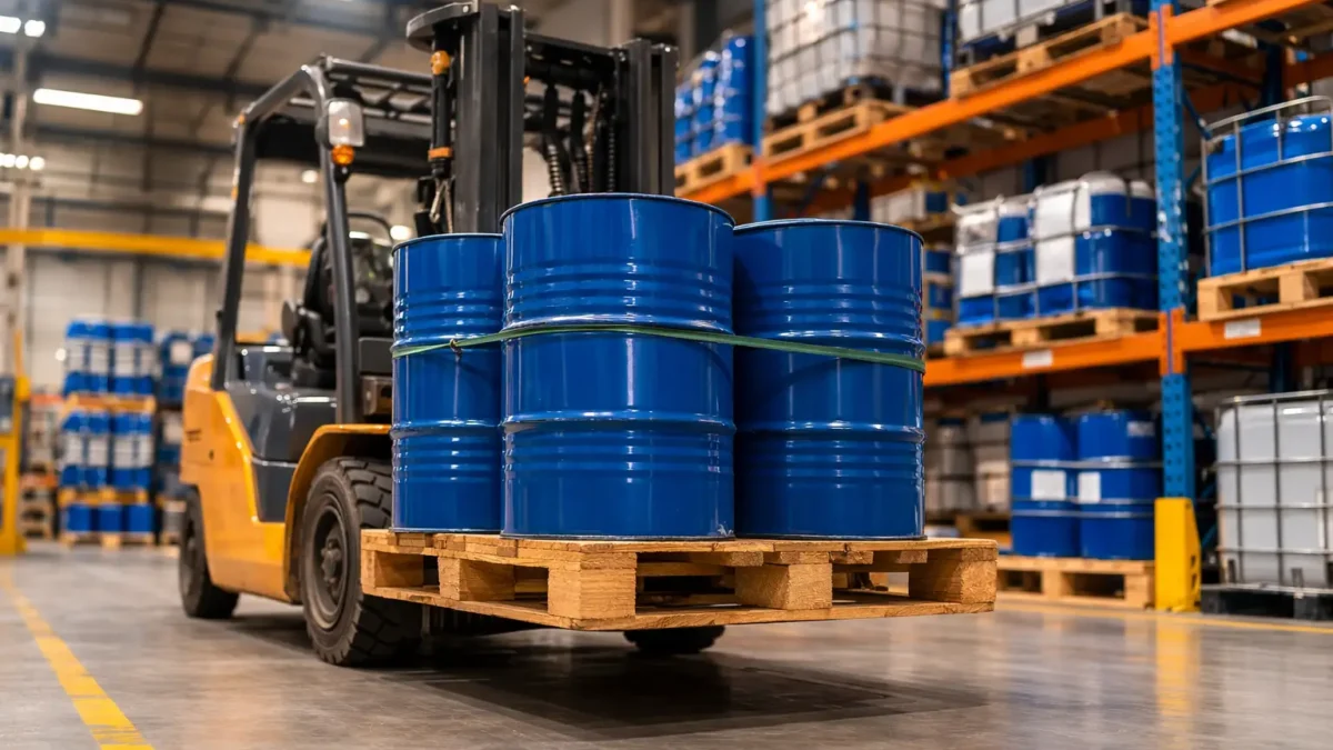 Forklift lifting chemical drums on a CP3 pallet inside an industrial warehouse