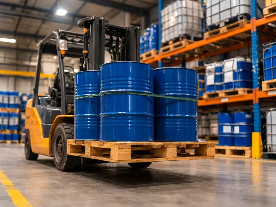 Forklift lifting chemical drums on a CP3 pallet inside an industrial warehouse