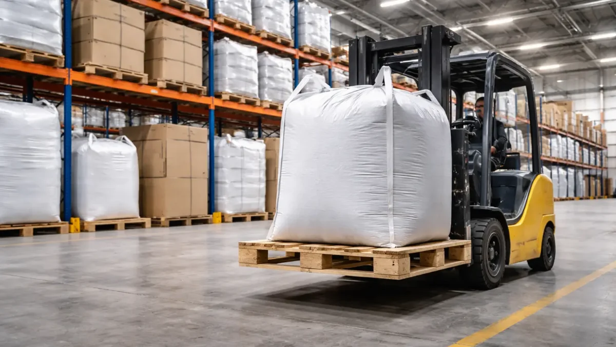 Forklift lifting bulk container on a CP9 pallet inside an industrial warehouse