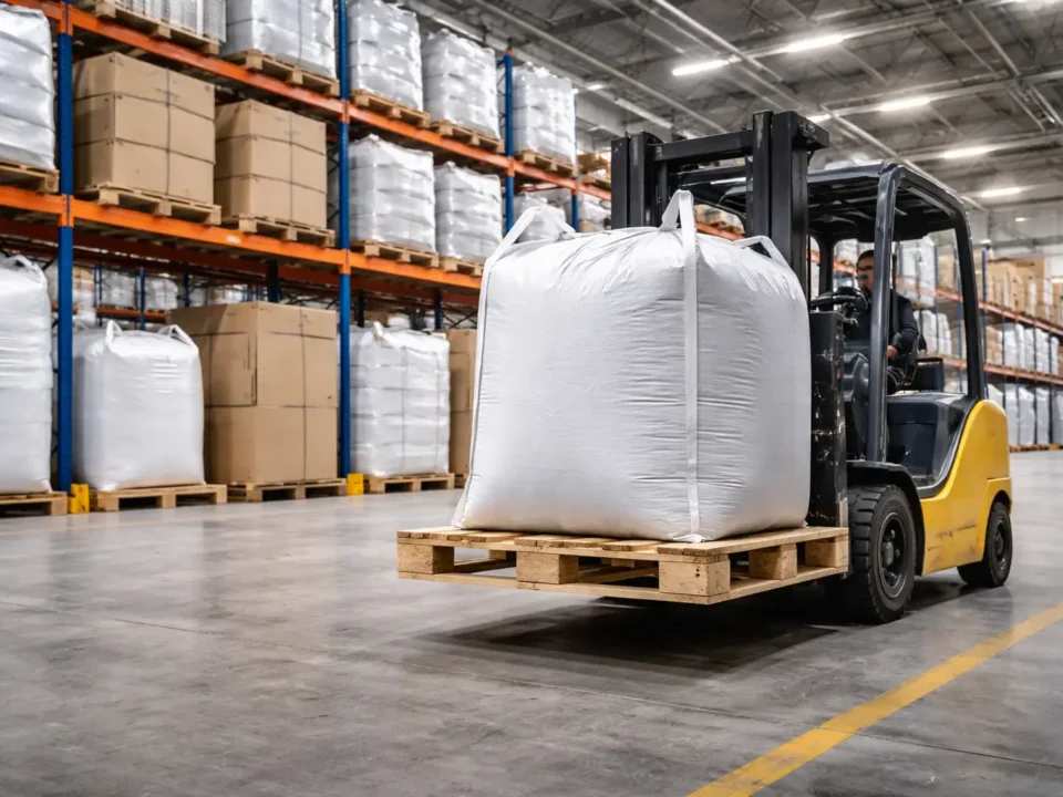 Forklift lifting bulk container on a CP9 pallet inside an industrial warehouse