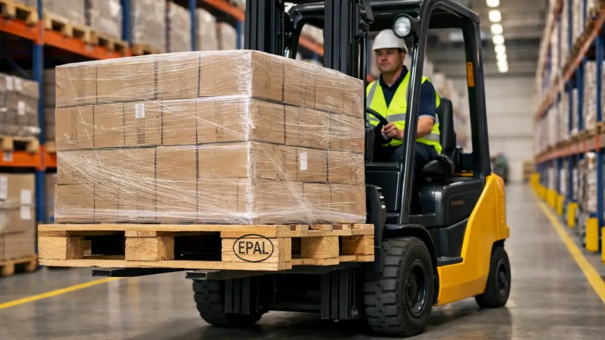 Forklift lifting EPAL pallet safely in warehouse aisle