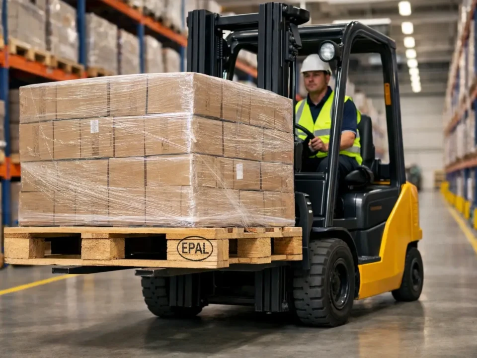 Forklift lifting EPAL pallet safely in warehouse aisle