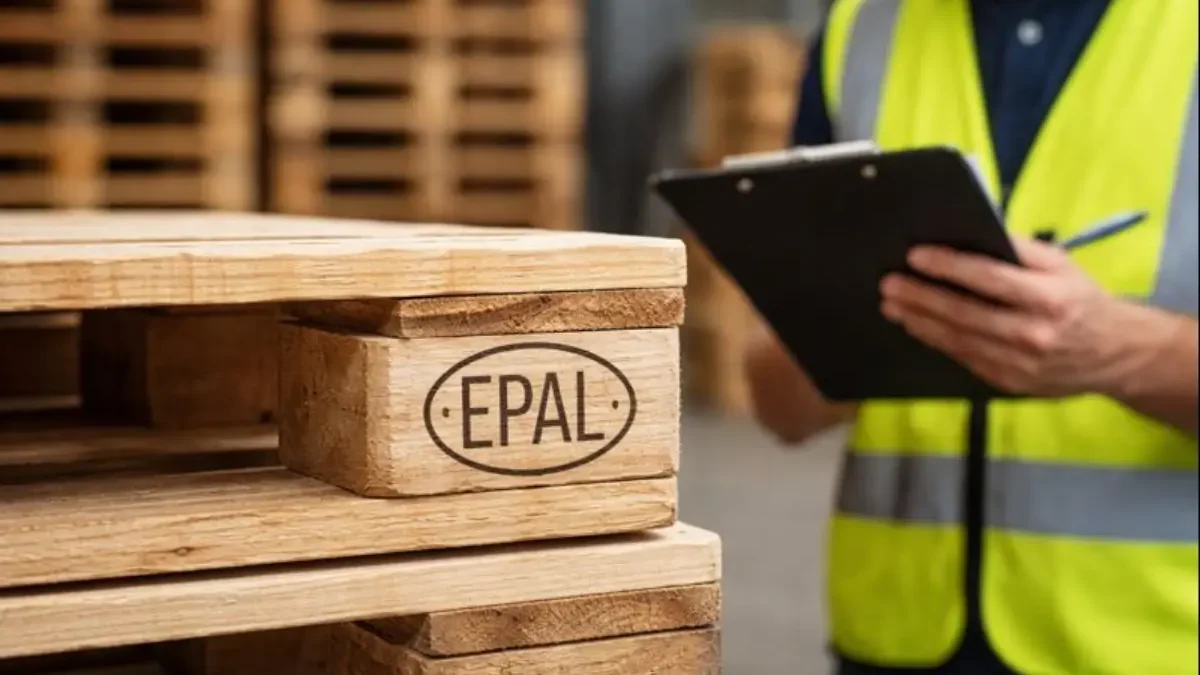 Worker inspecting EPAL pallet stamp in a warehouse before purchase