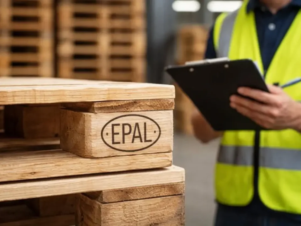 Worker inspecting EPAL pallet stamp in a warehouse before purchase