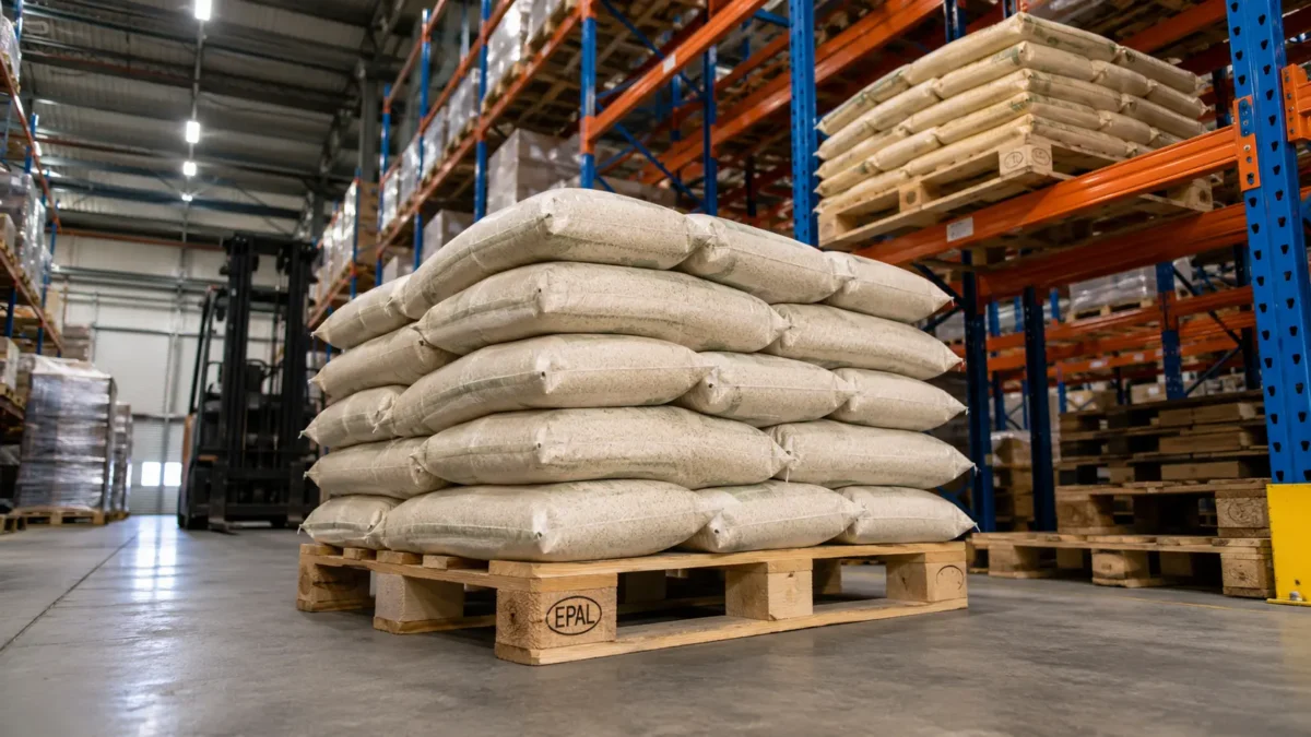 Loaded EPAL pallet with stacked cargo on warehouse floor showing certified timber deck and racking bay in background