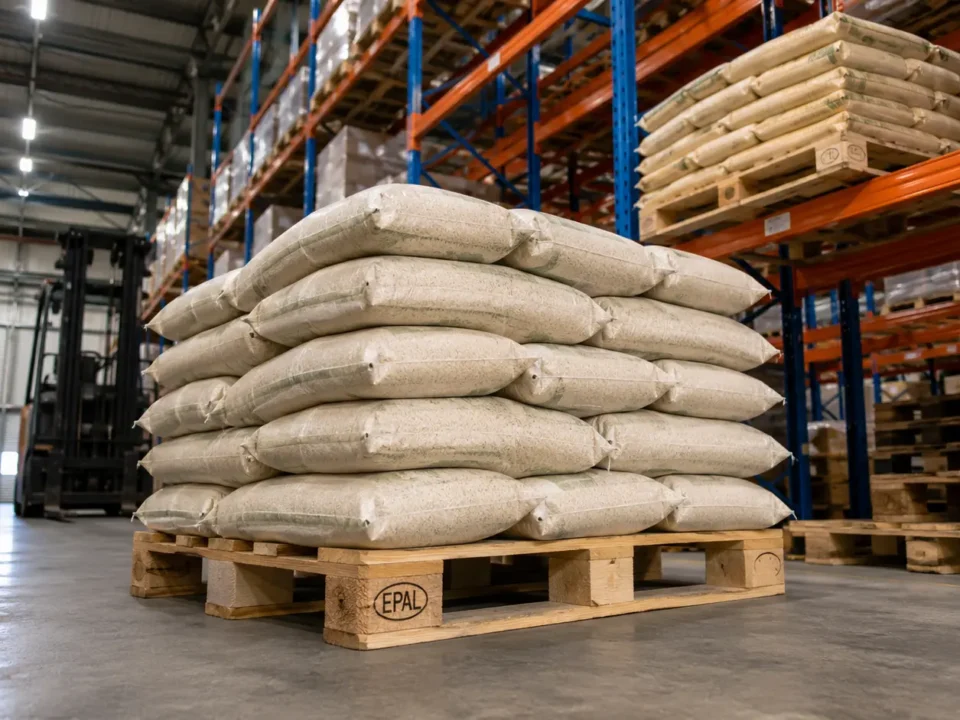 Loaded EPAL pallet with stacked cargo on warehouse floor showing certified timber deck and racking bay in background