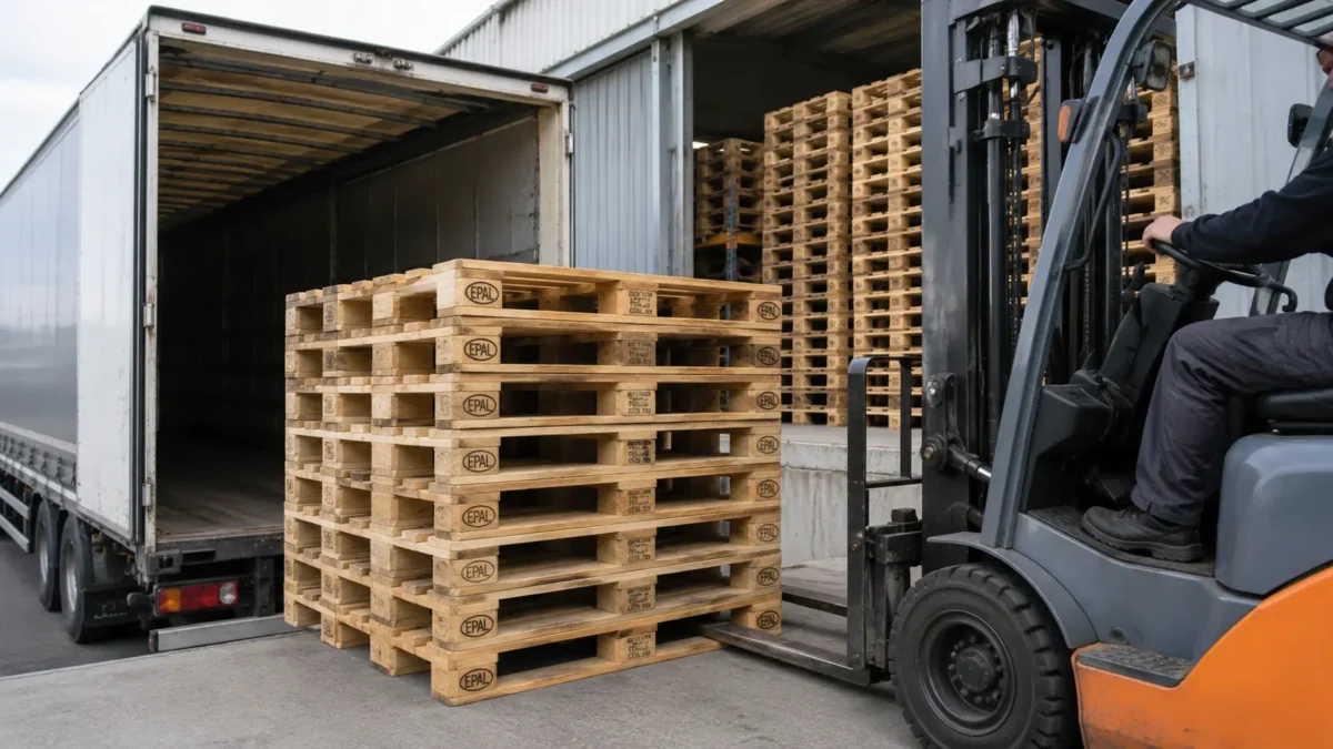 EPAL pallets being exchanged at a warehouse loading dock