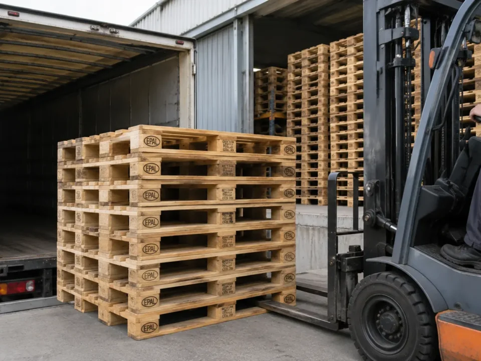 EPAL pallets being exchanged at a warehouse loading dock