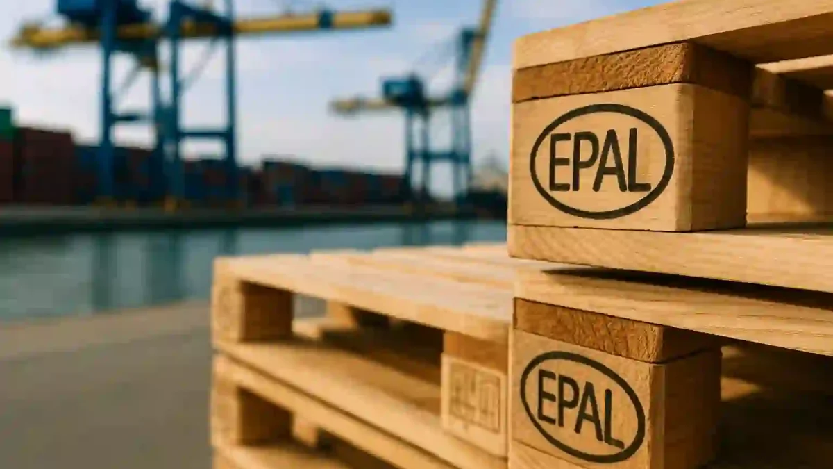 EPAL pallets for European exports stacked at a port with cranes in the background.