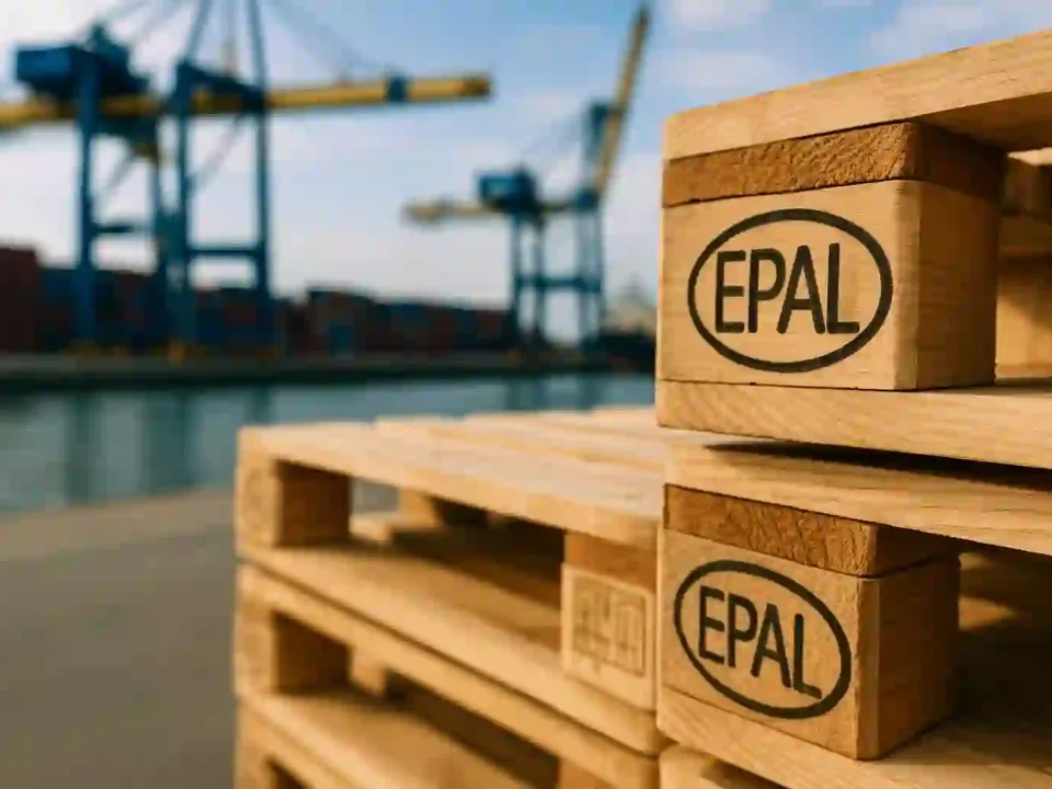 EPAL pallets for European exports stacked at a port with cranes in the background.