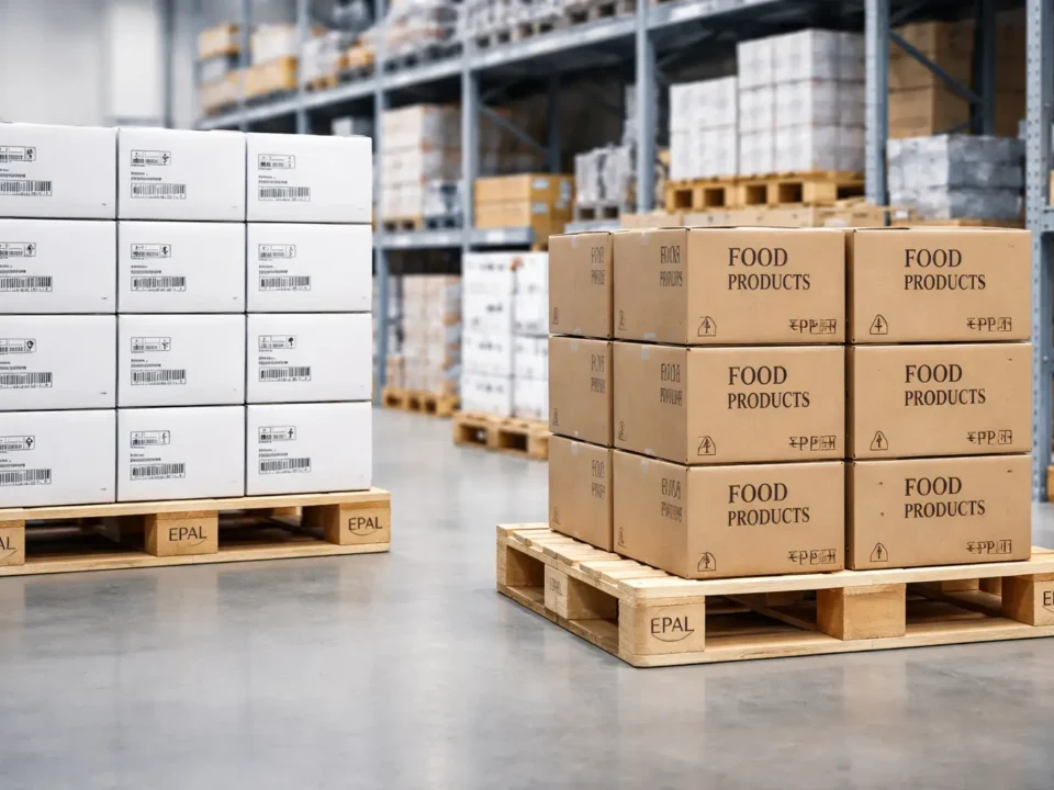 EPAL pallets for food and pharma industry stacked in a clean warehouse with packaged goods