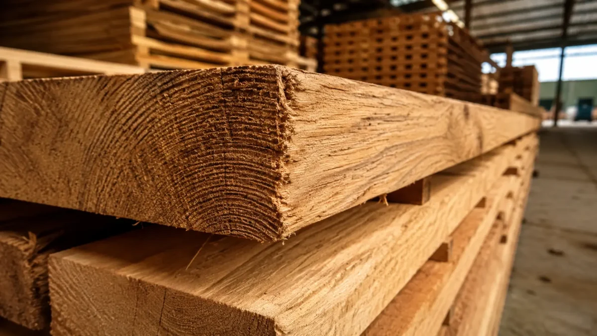 Close-up of dense hardwood timber boards stacked in a pallet manufacturing yard showing tight wood grain