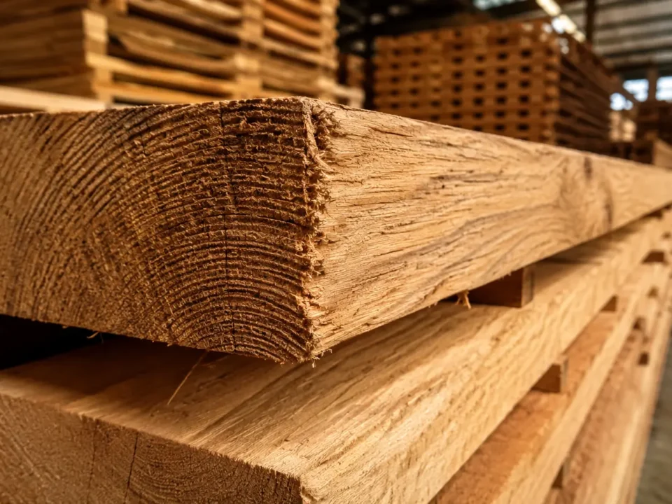Close-up of dense hardwood timber boards stacked in a pallet manufacturing yard showing tight wood grain