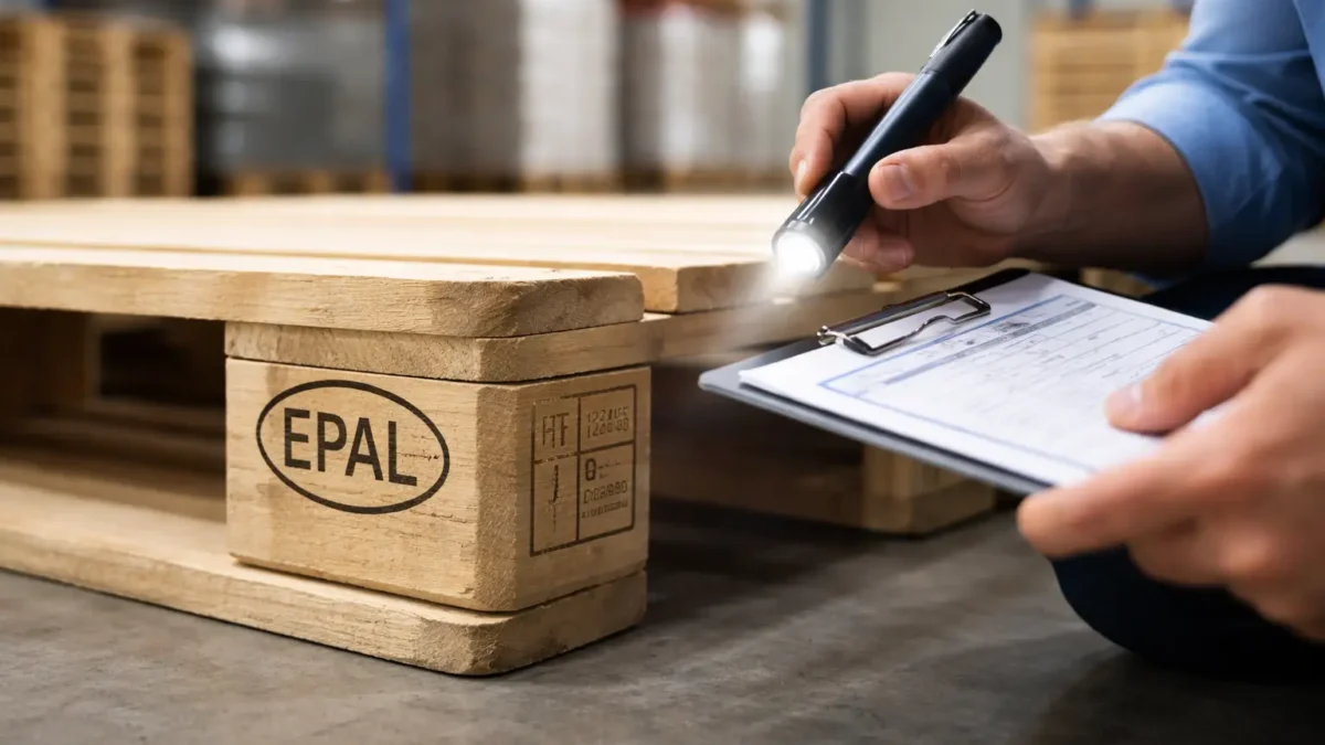 Inspector checking EPAL stamp to show how to spot fake EPAL pallets in a warehouse