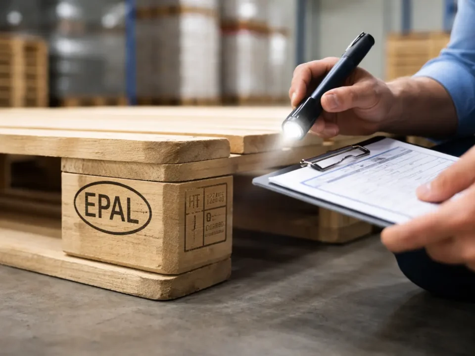 Inspector checking EPAL stamp to show how to spot fake EPAL pallets in a warehouse