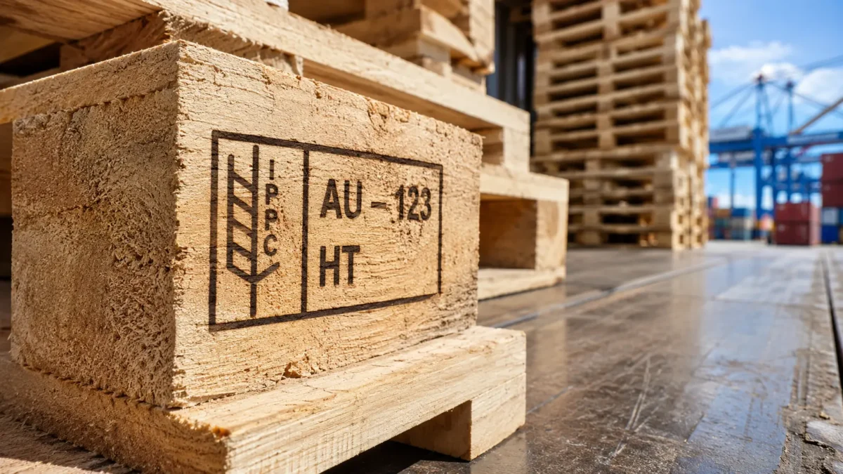 IPPC compliance stamp on a wooden export pallet at an Australian shipping dock