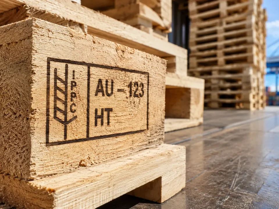 IPPC compliance stamp on a wooden export pallet at an Australian shipping dock
