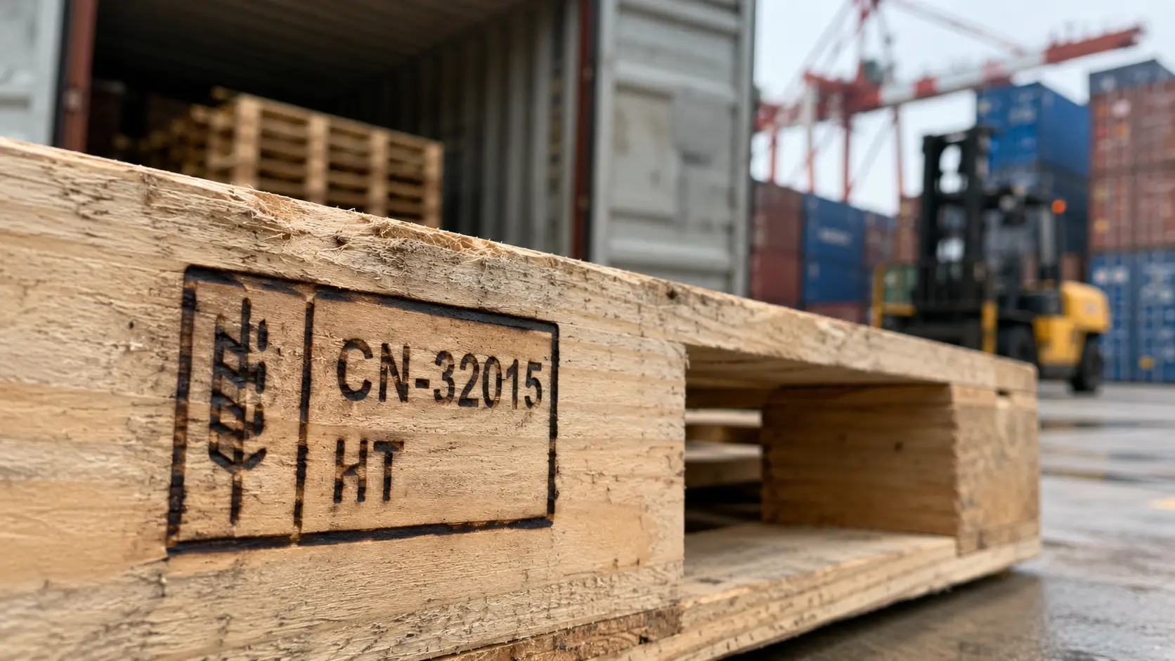 IPPC compliance stamp with CN country code on a wooden export pallet at a container port