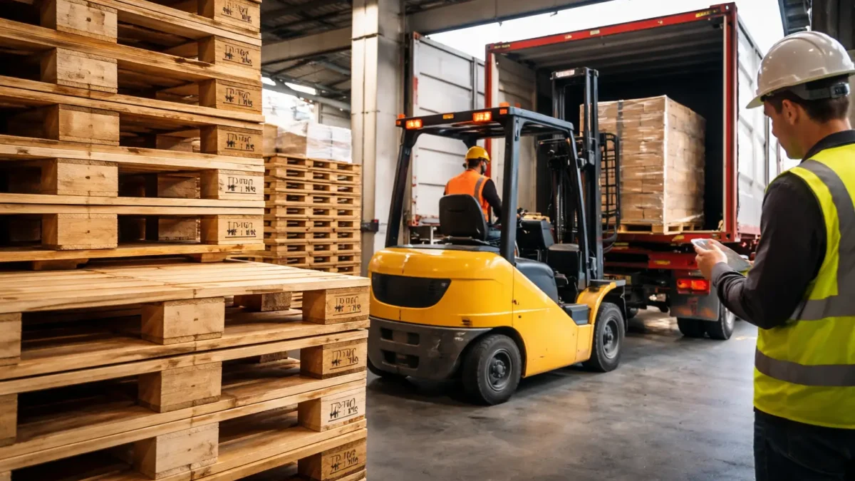 Warehouse loading export cargo using pallets meeting ISPM 15 pallet requirements EU with IPPC stamped wooden pallets
