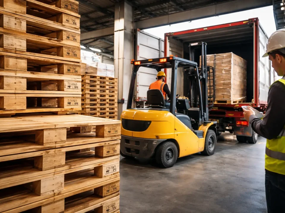 Warehouse loading export cargo using pallets meeting ISPM 15 pallet requirements EU with IPPC stamped wooden pallets
