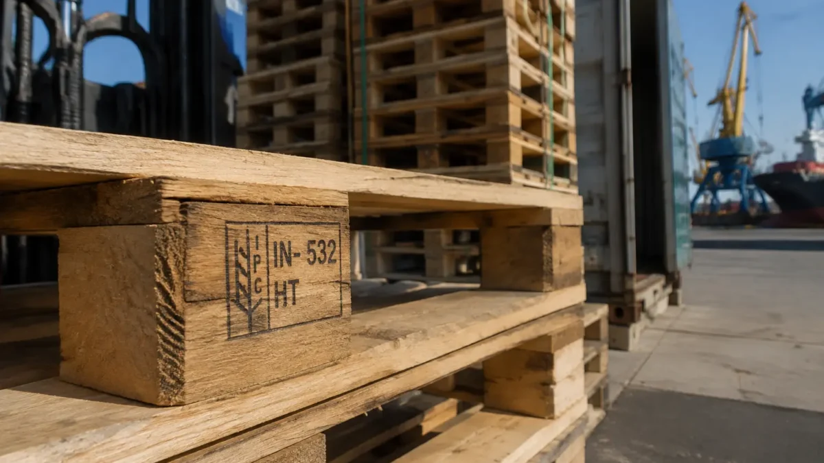 Heat-treated wooden pallets stamped for ISPM 15 compliance shipping to Japan