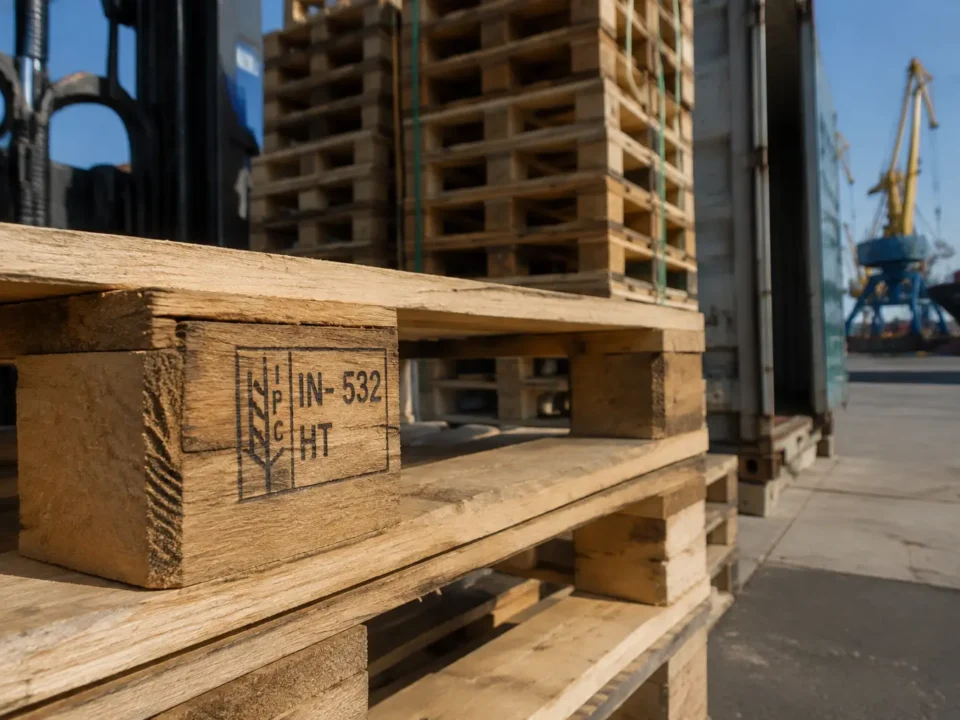 Heat-treated wooden pallets stamped for ISPM 15 compliance shipping to Japan