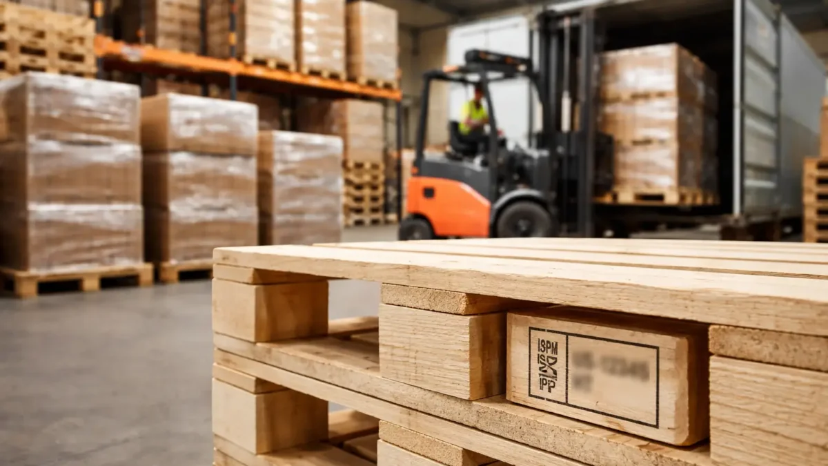 ISPM 15 pallet requirements USA compliant wooden pallets with IPPC stamp being loaded in warehouse for export shipment