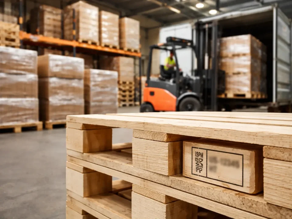 ISPM 15 pallet requirements USA compliant wooden pallets with IPPC stamp being loaded in warehouse for export shipment