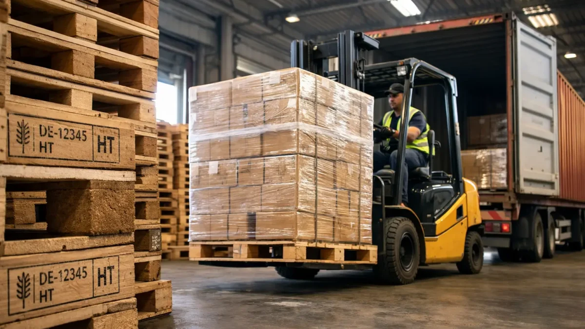 Warehouse preparing export shipments with ISPM 15 compliant wooden pallets for countries requiring ISPM 15 regulations