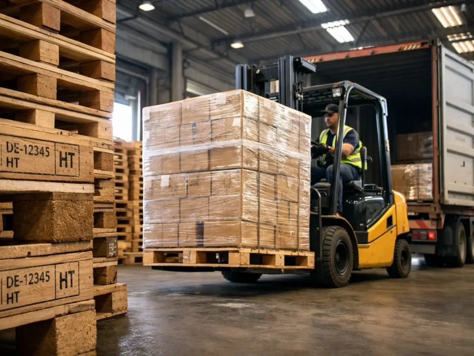 Warehouse preparing export shipments with ISPM 15 compliant wooden pallets for countries requiring ISPM 15 regulations