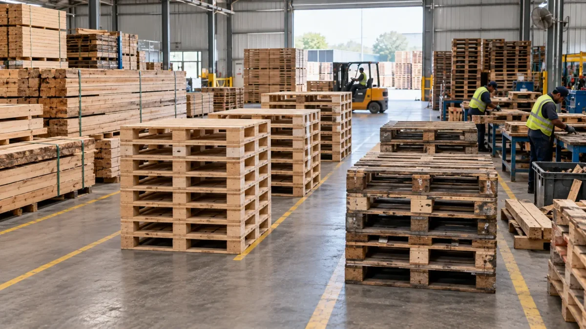 Wooden pallets at different stages of their lifecycle, from new to repaired