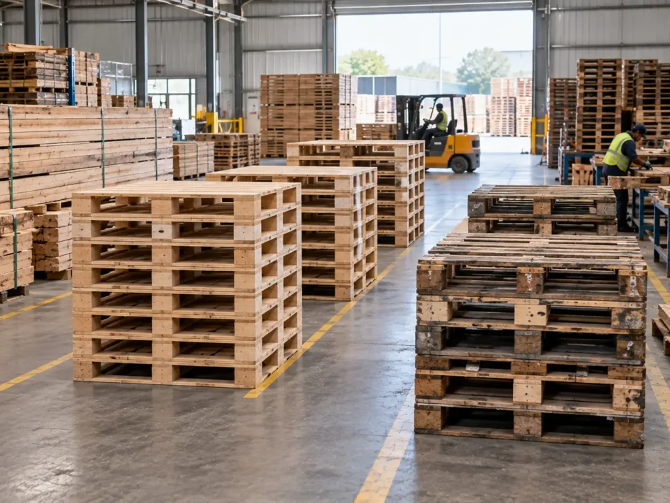 Wooden pallets at different stages of their lifecycle, from new to repaired