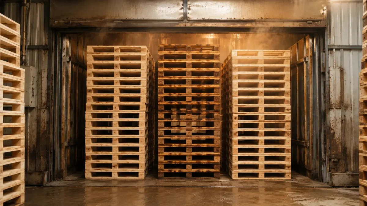 Stacked wooden pallets showing moisture control during kiln drying