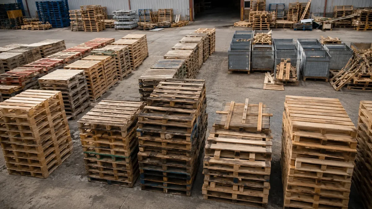 Sorted wooden pallets in a recycling and repair yard