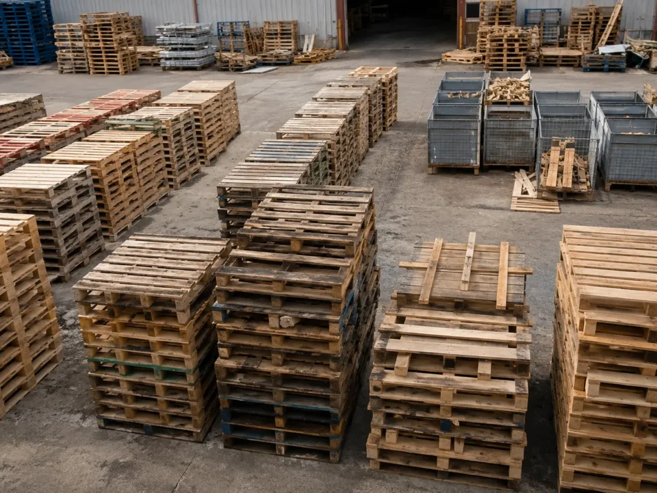 Sorted wooden pallets in a recycling and repair yard
