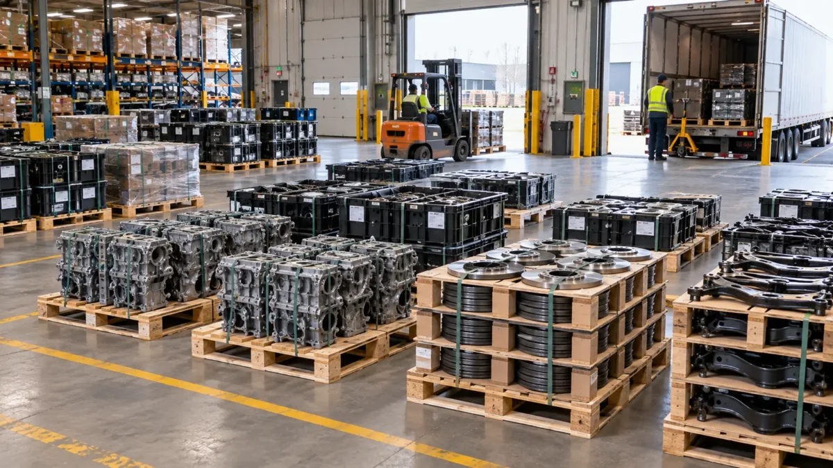Wooden pallets loaded with automotive parts at a manufacturing receiving dock